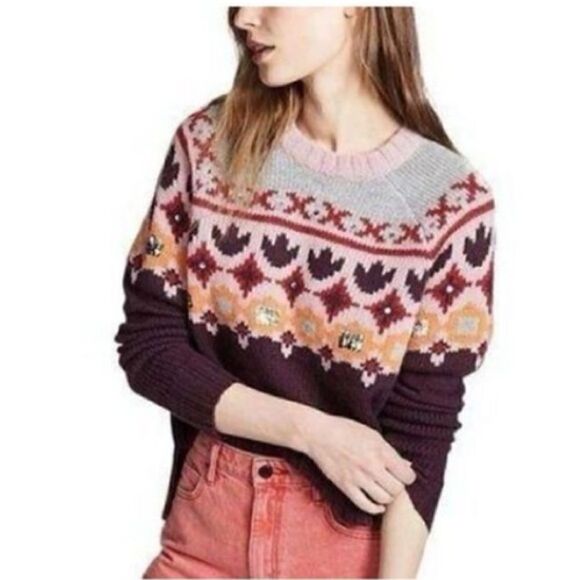 Cinq A Sept Women’s Size XS Sweater Purple Gianni Fair Isle Sequin Wool Y2K - Picture 11 of 15